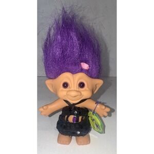 Vintage 5" Ace Novelty Troll Doll With Pink Rose Head Band, Black Dress